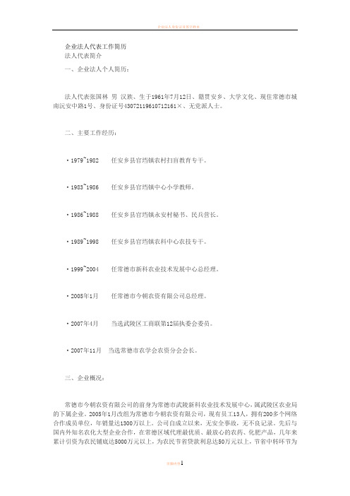 企业法人代表工作简历
