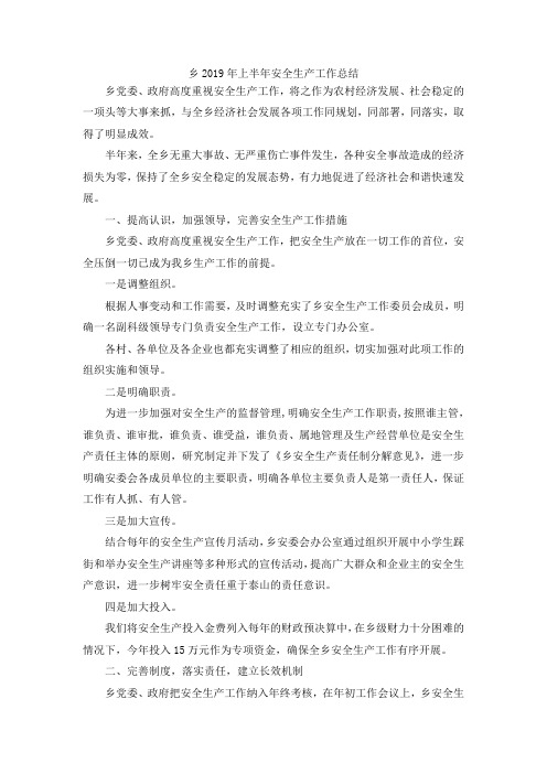 最新-乡2019年上半年安全生产工作总结 精品