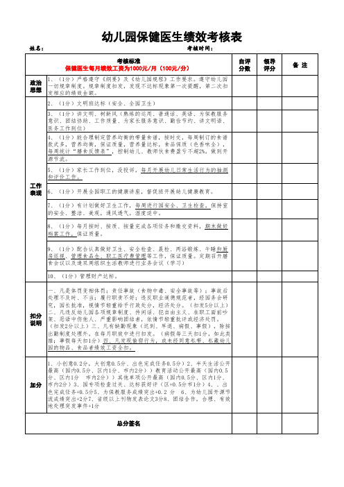 幼儿园保健医生绩效考核表(新版)