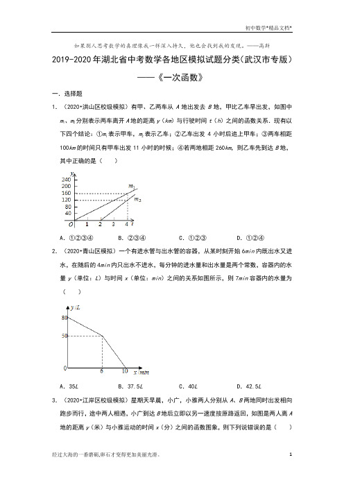 2019-2020年湖北省中考数学各地区模拟试题分类(武汉市专版)——《一次函数》(含解析)