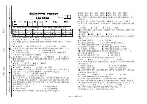 2015-2016学年度第一学期七年级生物上册期末考试试卷