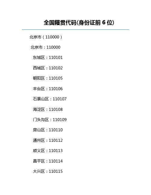 全国籍贯代码(身份证前6位)