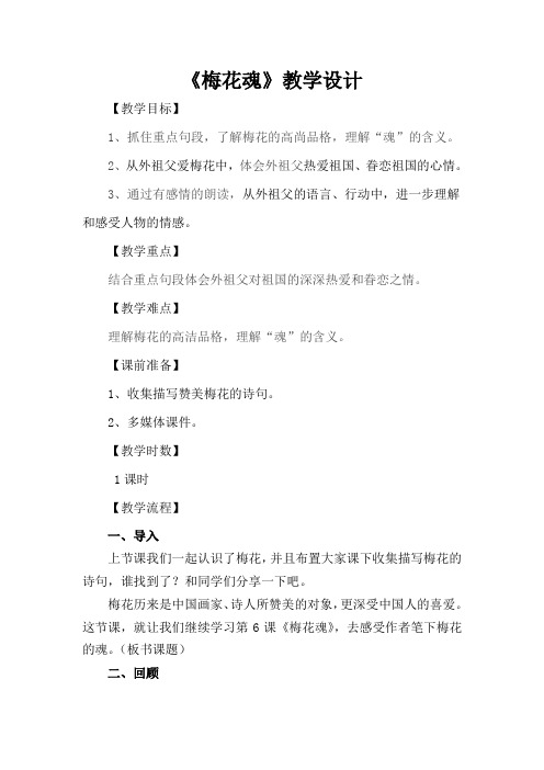 人教版小学语文五年级上册《 6 梅花魂》 公开课导学案_0