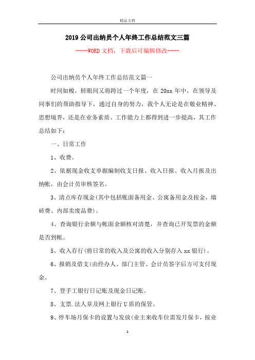 2019公司出纳员个人年终工作总结范文三篇