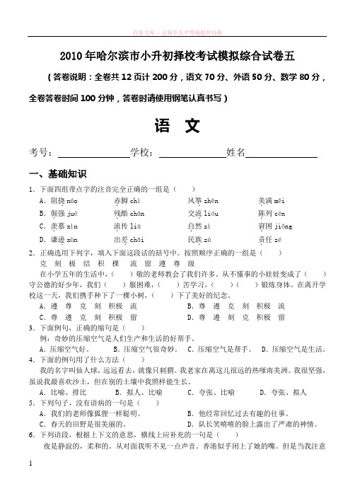 哈尔滨市小升初择校考试模拟综合试卷五