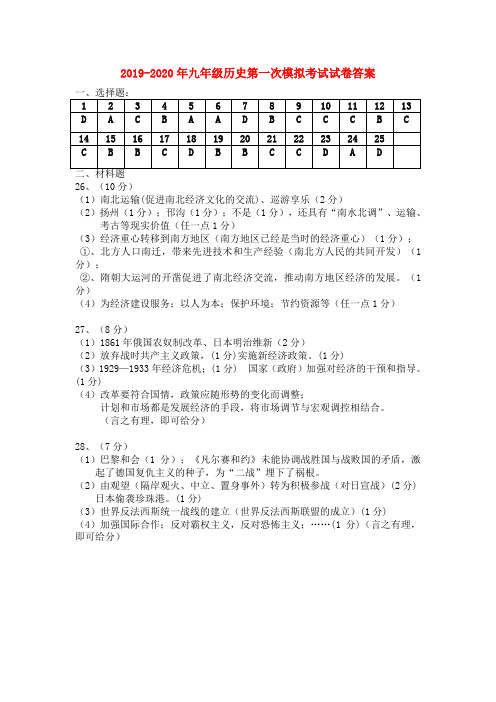 2019-2020年九年级历史第一次模拟考试试卷答案