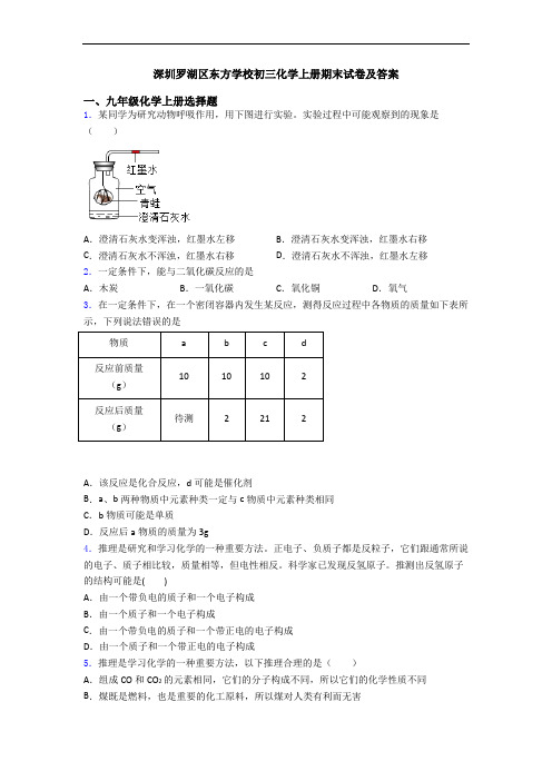 深圳罗湖区东方学校初三化学初三化学上册期末试卷及答案