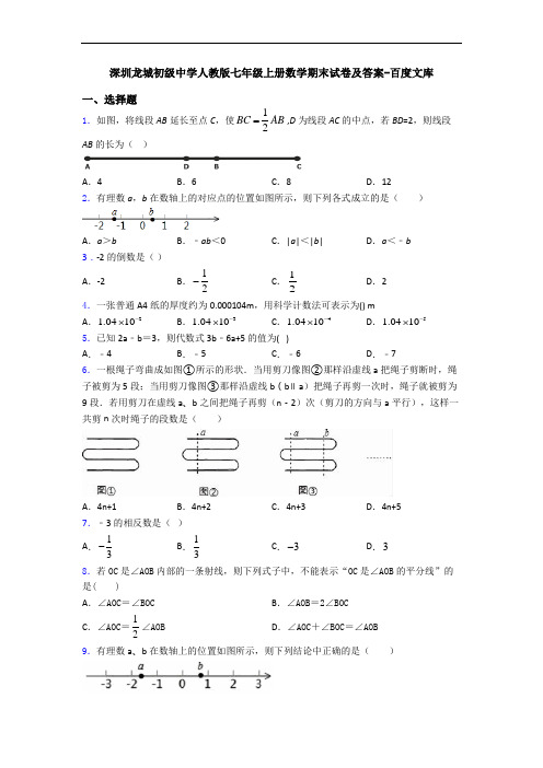 深圳龙城初级中学人教版七年级上册数学期末试卷及答案-百度文库
