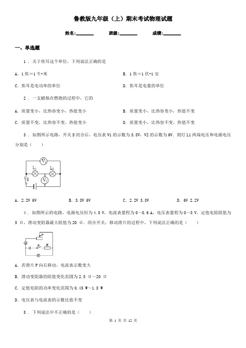 鲁教版九年级(上)期末考试物理试题新版