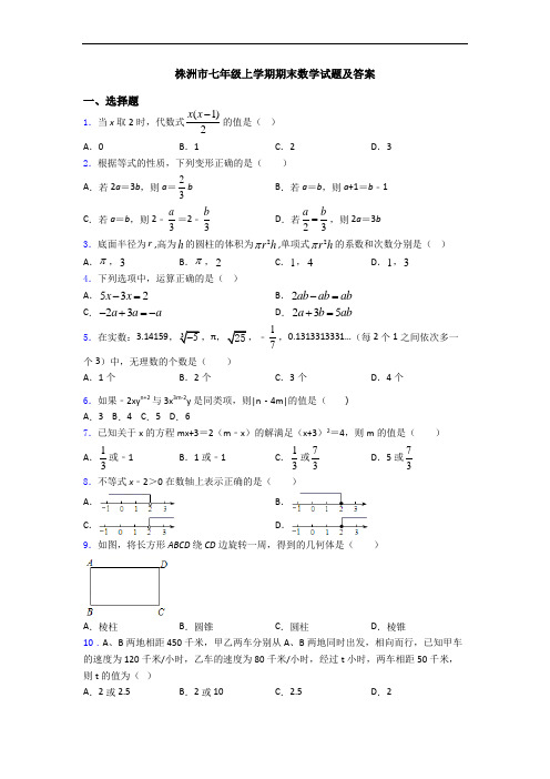 株洲市七年级上学期期末数学试题及答案
