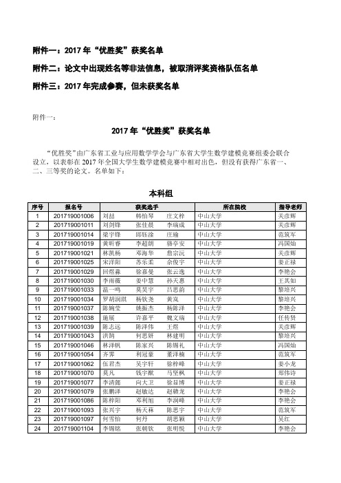 2014年广东省大学生数学建模竞赛初评结果-中山大学数学学院