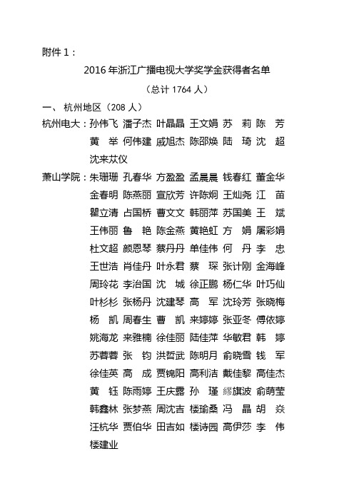 2016年浙江广播电视大学奖学金候选人汇总表
