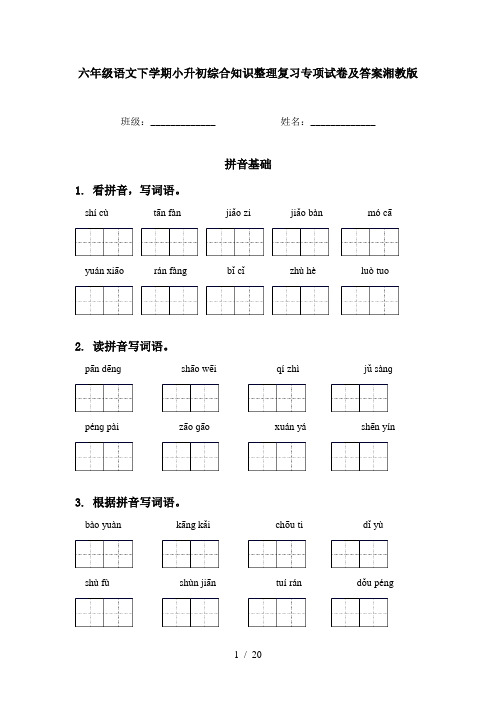 六年级语文下学期小升初综合知识整理复习专项试卷及答案湘教版
