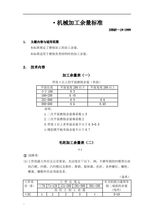 磨削加工余量标准