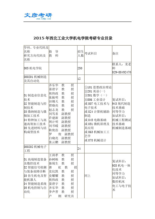 2015年西工大机电学院考研专业目录_西北工业大学考研网