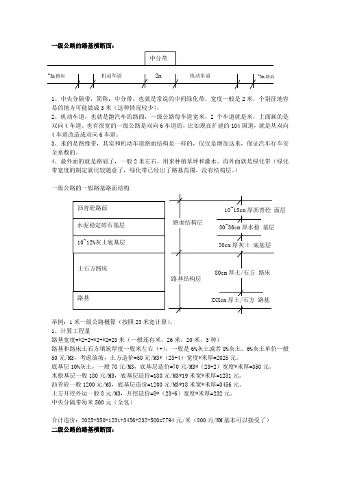 公路等级宽度和每公里概算