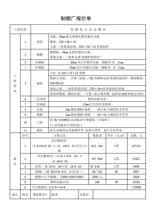 钢构彩板房报价单