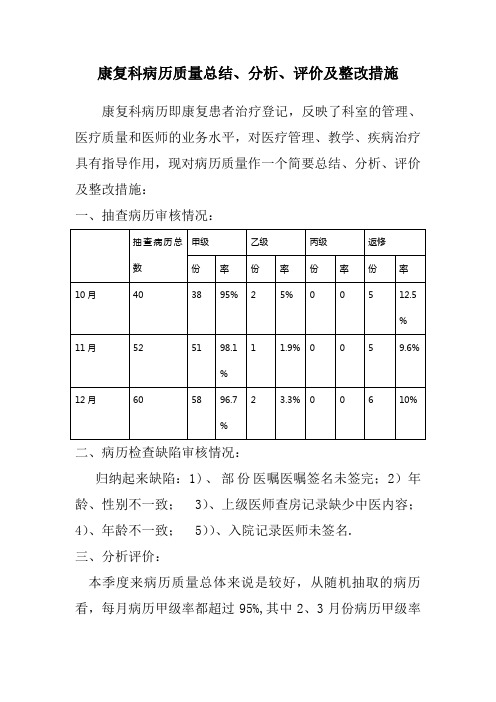 病历质量总结、分析、评价及整改措施