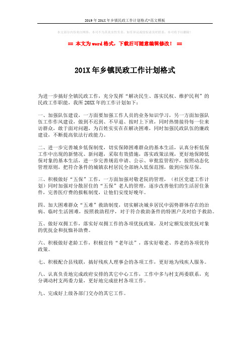2019年201X年乡镇民政工作计划格式-范文模板 (1页)