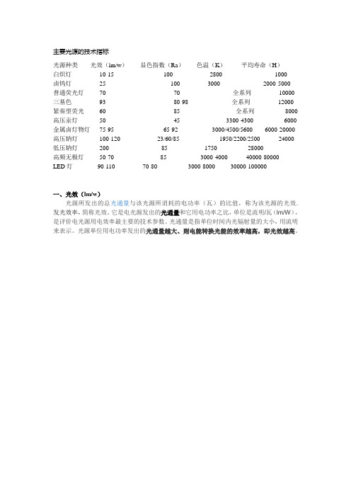 主要光源的技术指标