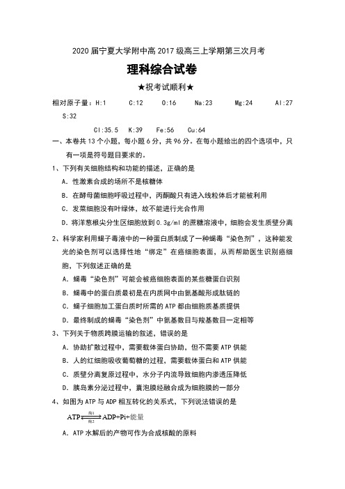 2020届宁夏银川市宁夏大学附中高2017级高三上学期第三次月考理科综合试卷及答案
