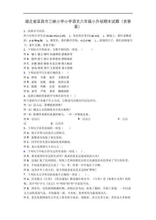 湖北省宜昌市三峡小学小学语文六年级小升初期末试题(含答案)