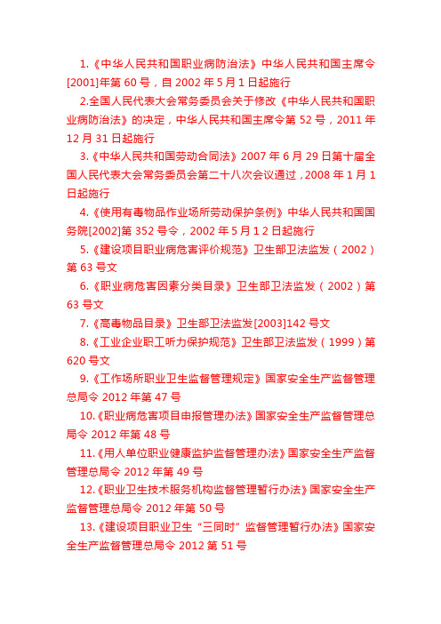 职业卫生相关法律法规及规范性文件等