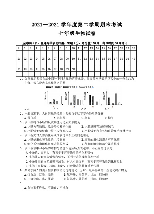 2015-2016学年度第二学期期末考试七年级生物试题