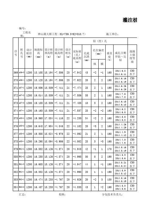 灌注桩主要成果汇总表