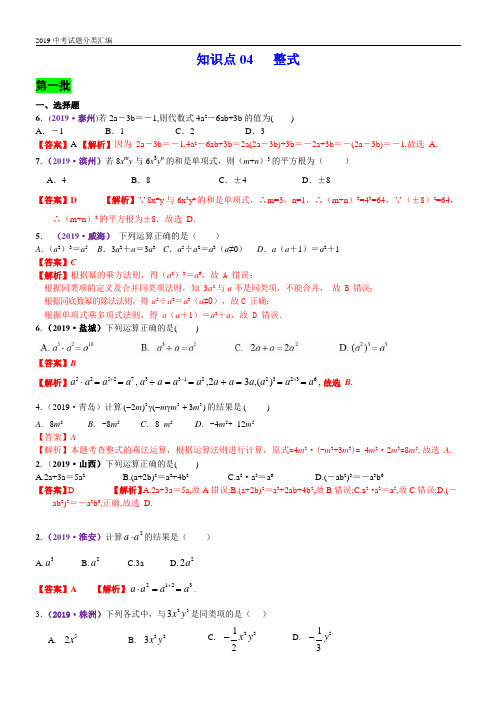 2019年中考数学分类汇编一知识点04  整式(PDF解析版)