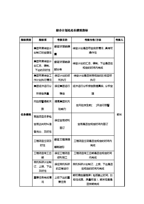 集团综合计划处处长绩效指标