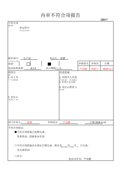 ISO9001内审不符合项报告QR047