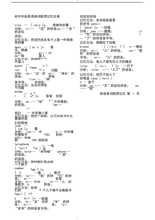 初中年级英语单词联想记忆大总表500个单词