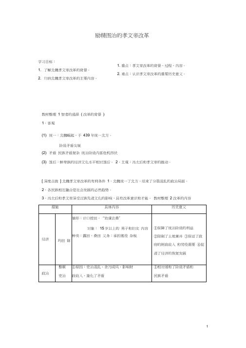 高中历史专题三北魏孝文帝改革一励精图治的孝文帝改革人民版选修1讲解