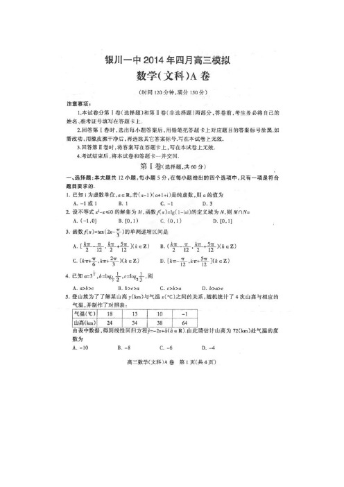 宁夏银川一中2014届高三4月模拟考试数学(文)试题 扫描版含答案