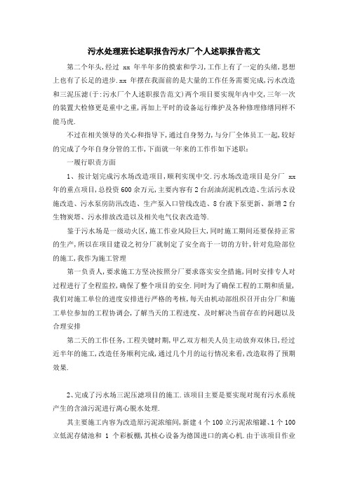 污水处理班长述职报告 污水厂个人述职报告范文 精品