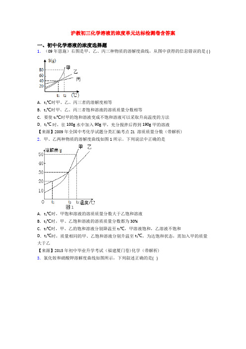 沪教初三化学溶液的浓度单元达标检测卷含答案