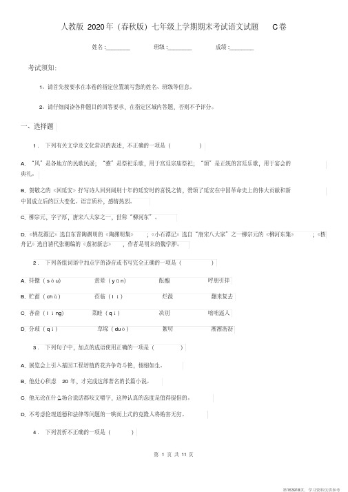 (精品文档)人教版2020年(春秋版)七年级上学期期末考试语文试题C卷