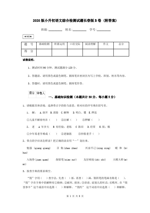 2020版小升初语文综合检测试题长春版B卷 (附答案)