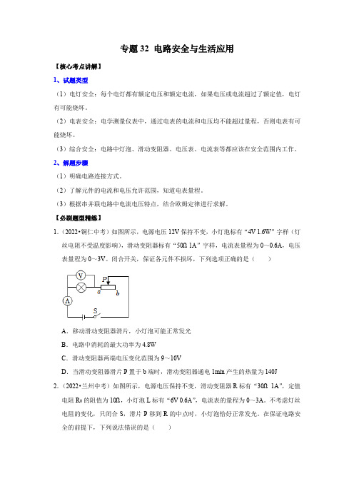 电路安全与生活应用(原卷版)-2023年中考物理二轮复习核心考点精讲与必刷题型精练(全国通用)