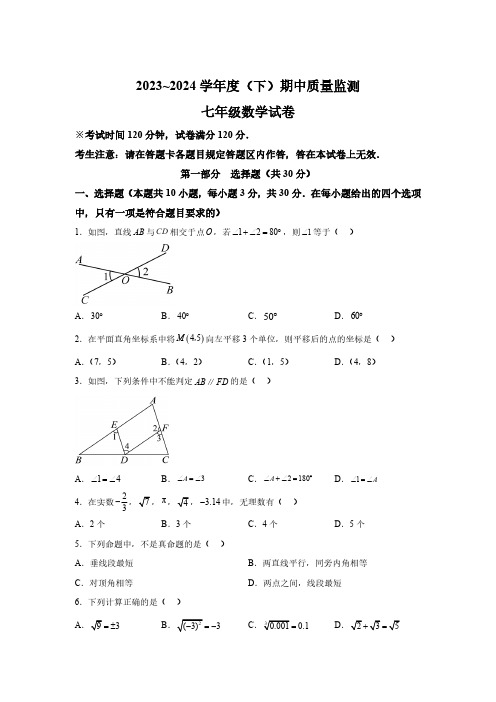 辽宁省铁岭市铁岭县2023-2024学年七年级下学期5月期中数学试题(含解析)