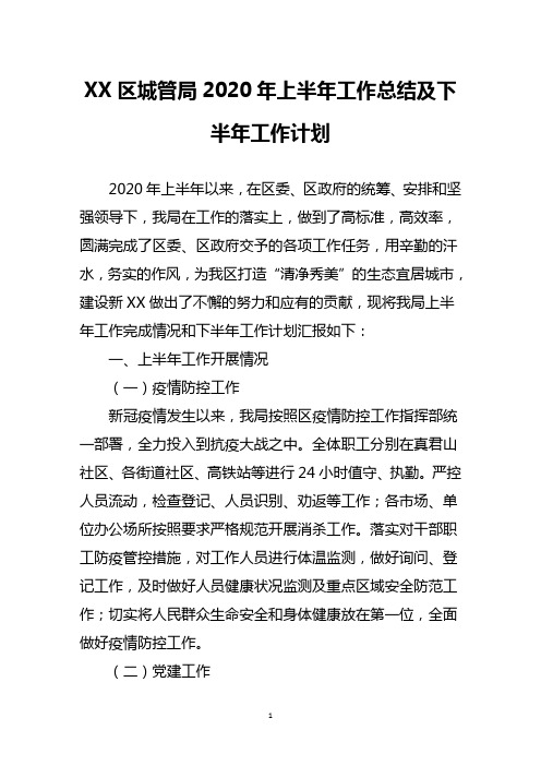 区城管局2020年上半年工作总结及下半年工作计划