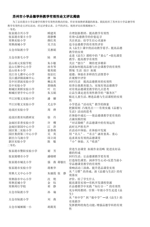 苏州市小学品德学科教学有效性论文评比揭晓