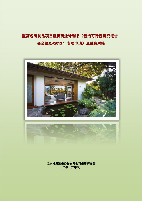 医药包装制品项目融资商业计划书(包括可行性研究报告+资金方案规划+2013年专项申请)及融资对接
