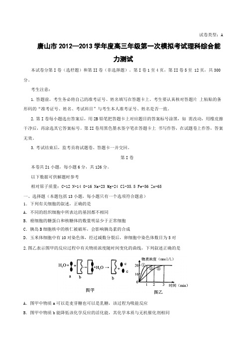 唐山市2012—2013学年度高三年级第一次模拟考试理科综合能力测试