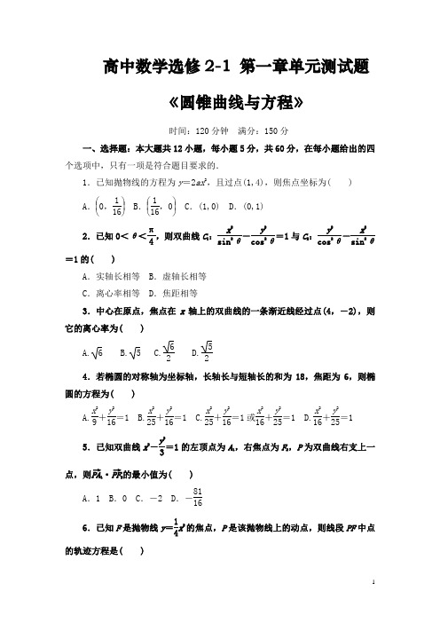 高中数学选修2-1 第二章《圆锥曲线与方程》单元测试题(含答案)