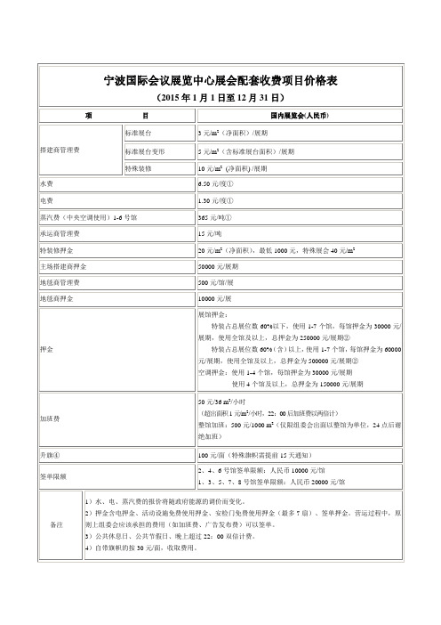 宁波国际会议展览中心展会配套收费项目价格表