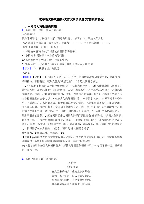 初中语文诗歌鉴赏+文言文阅读试题(有答案和解析) (6)