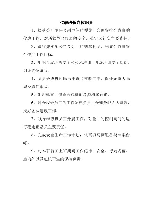 仪表班长岗位职责