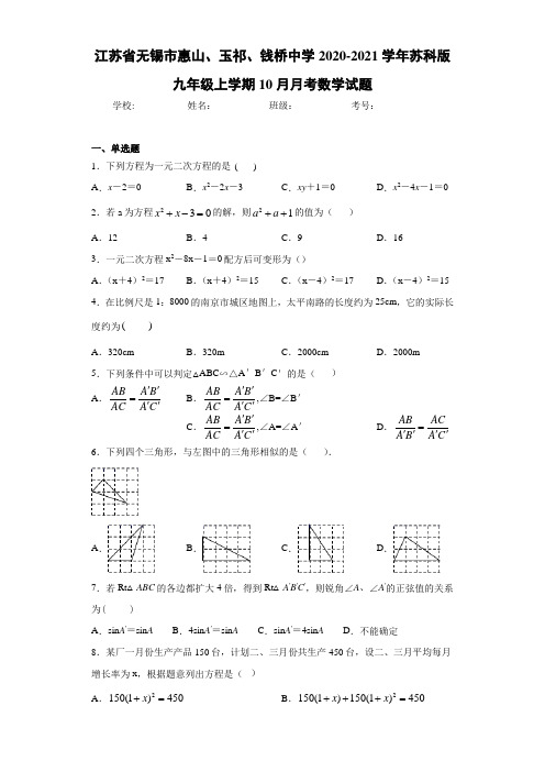 苏科版九年级上学期10月月考数学试题